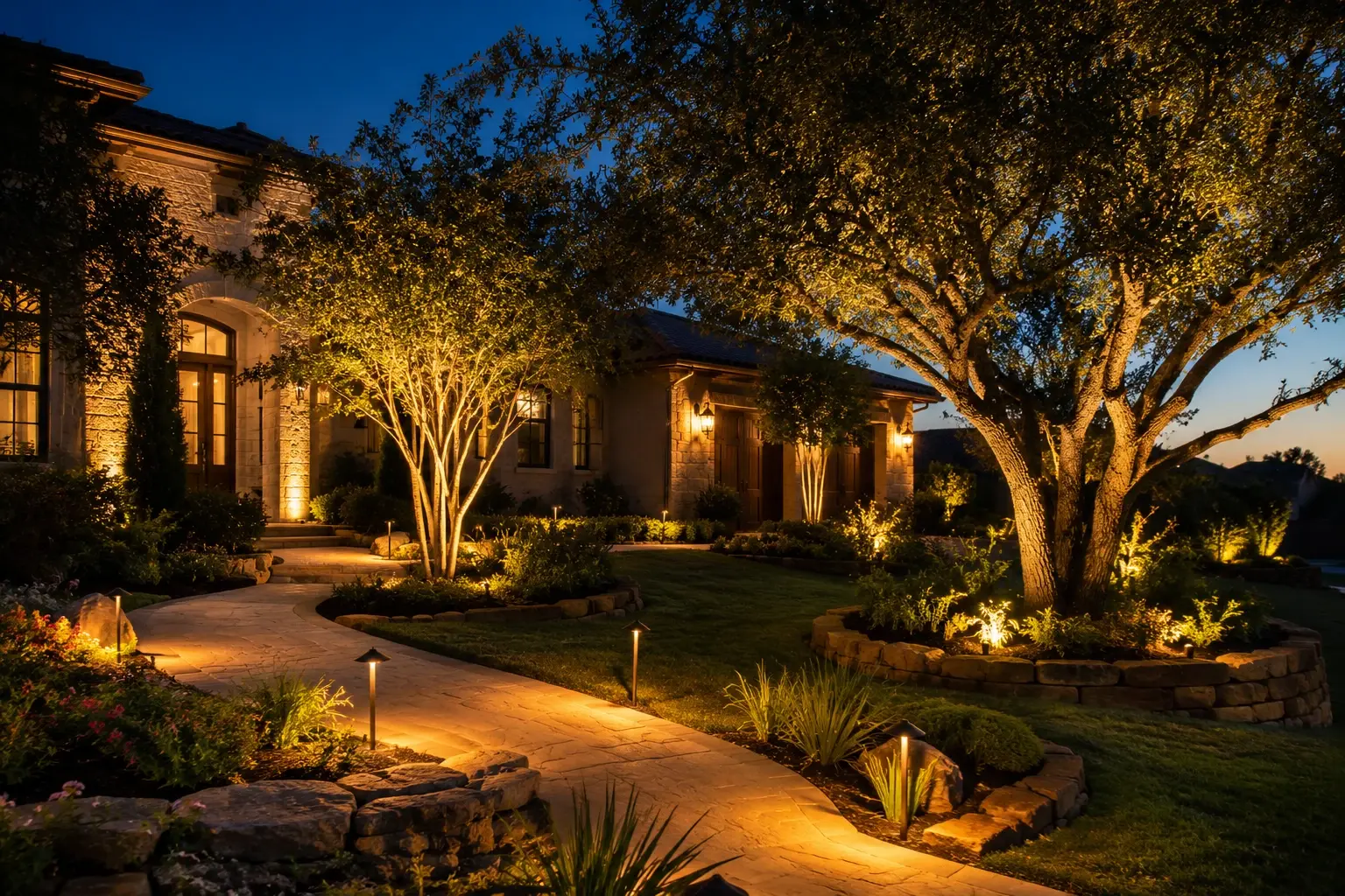 Austin Landscape Lighting technician installing brass path lights