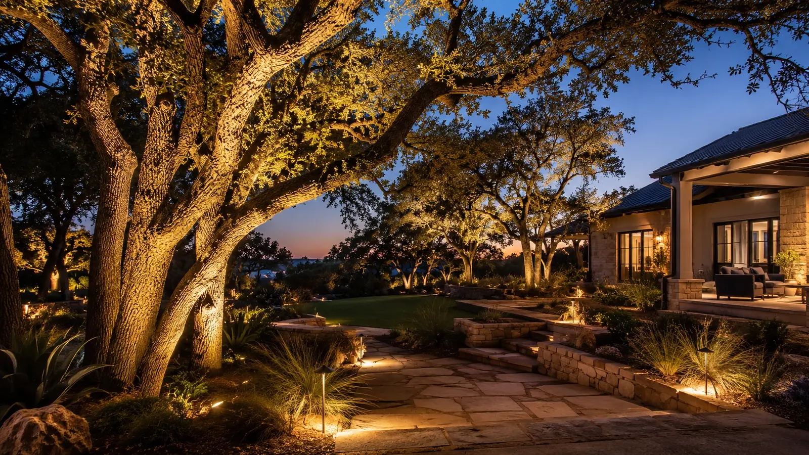 Live oak moonlighting in an Austin backyard