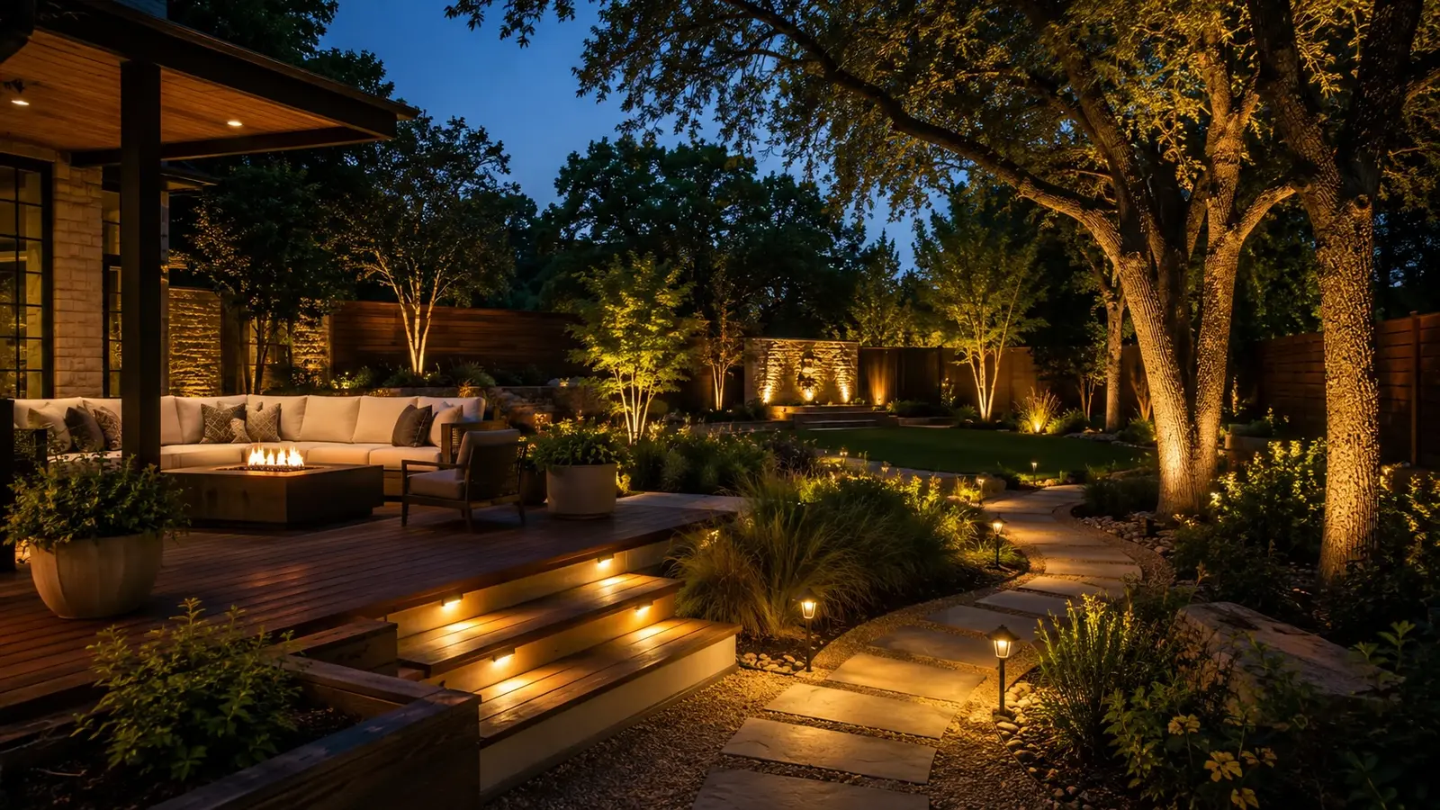 Austin backyard patio and trees lit with warm low-voltage landscape lighting