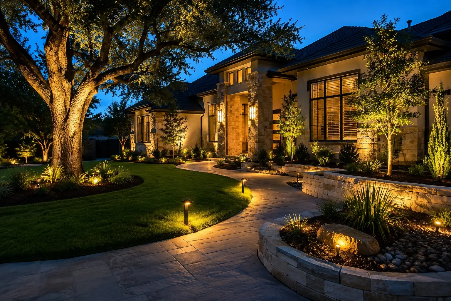 Best landscape lighting in Austin: lit limestone home at night