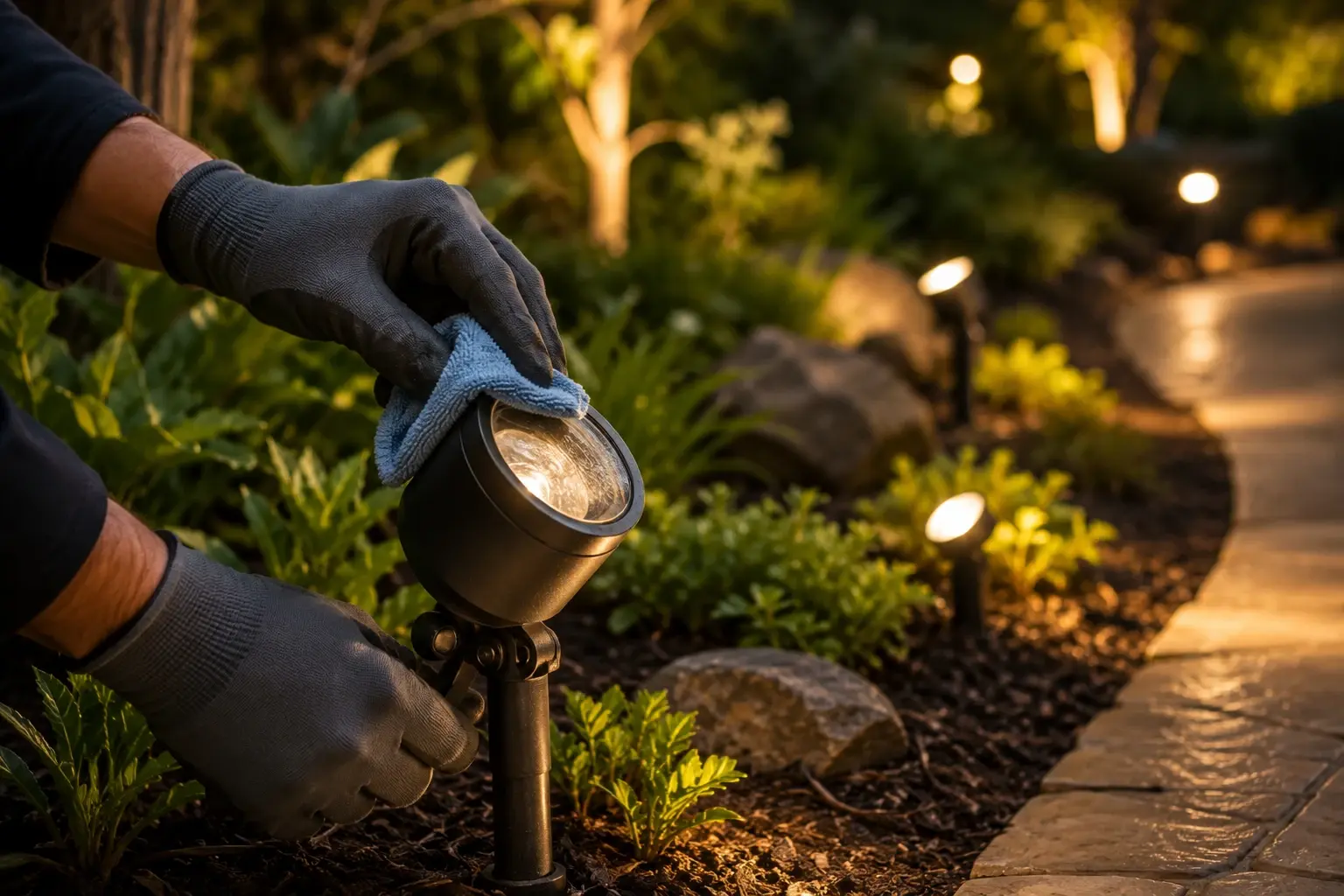 Completed Austin landscape lighting installation with warm uplit facade, trees, and walkway at night
