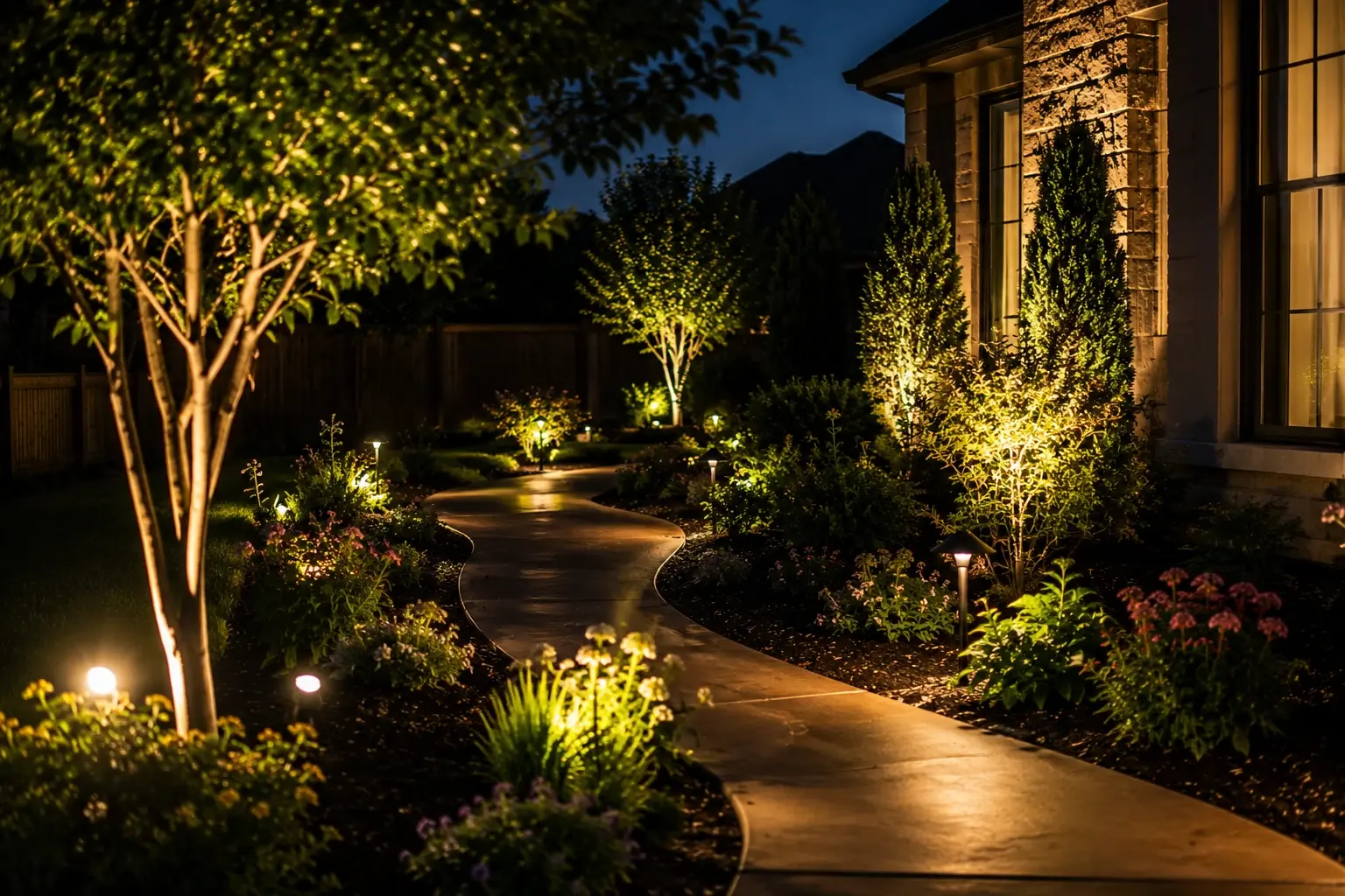 Austin home lit at night by Austin Landscape Lighting