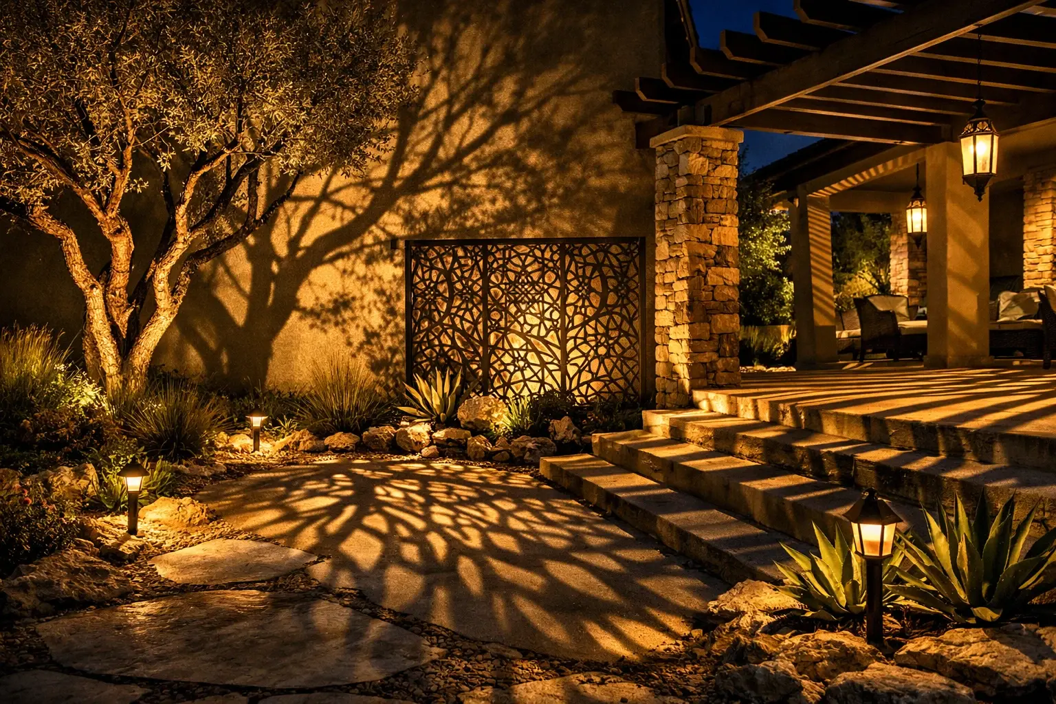 Portable demonstration fixtures uplighting a live oak during an evening consultation at an Austin home