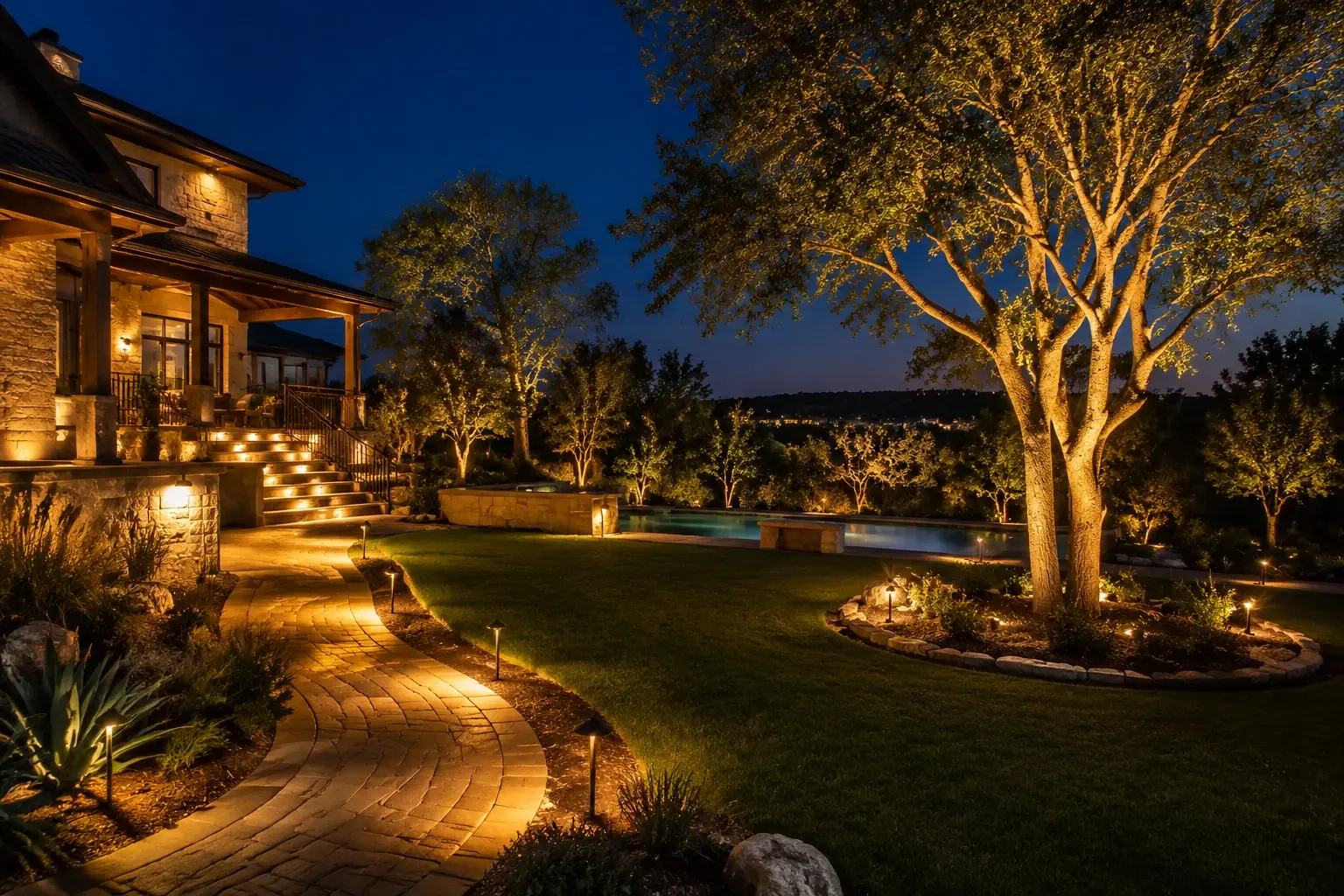 Architectural uplighting on a limestone home facade in Austin, Texas at dusk