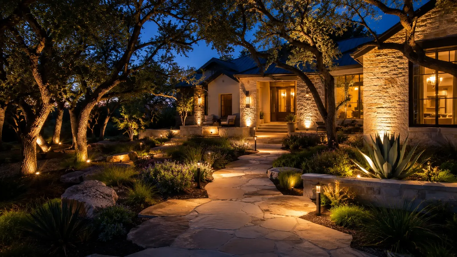 Layered landscape lighting on an Austin home with uplit oaks, grazed stone, and warm path lights