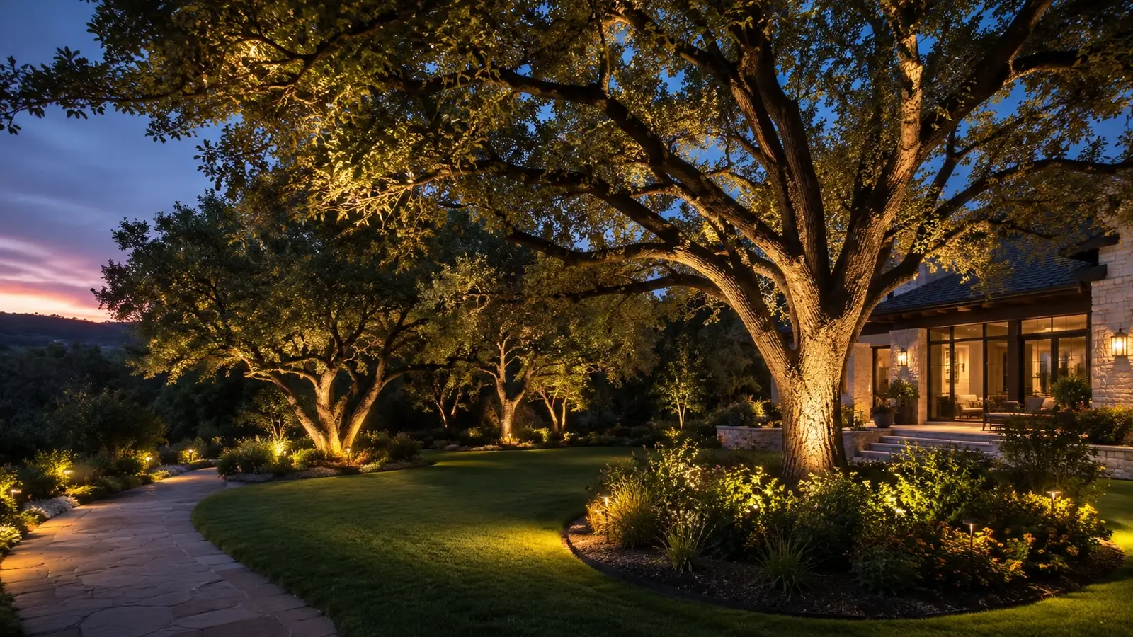 Three uplights cross-lighting a large oak in Austin