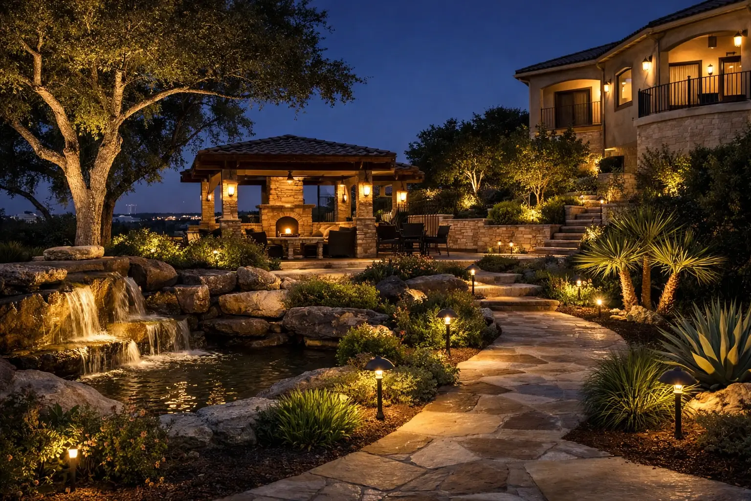 Brass path lights along a flagstone walkway at an Austin, TX home