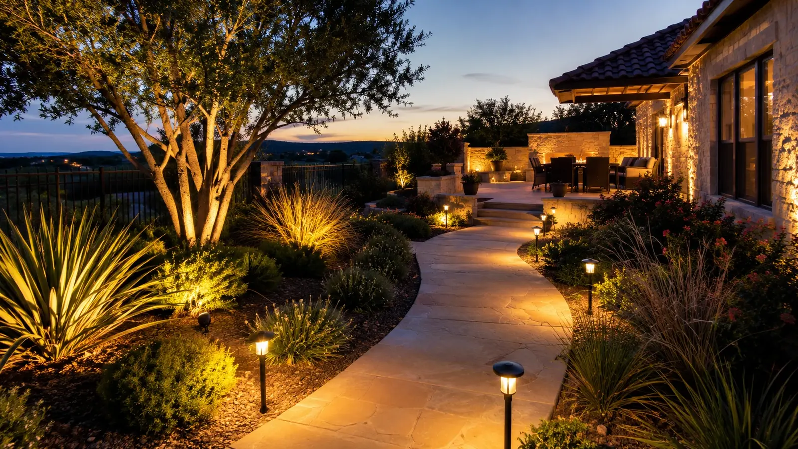 Solar path lights beside a low-voltage LED lit walkway in an Austin front yard at dusk