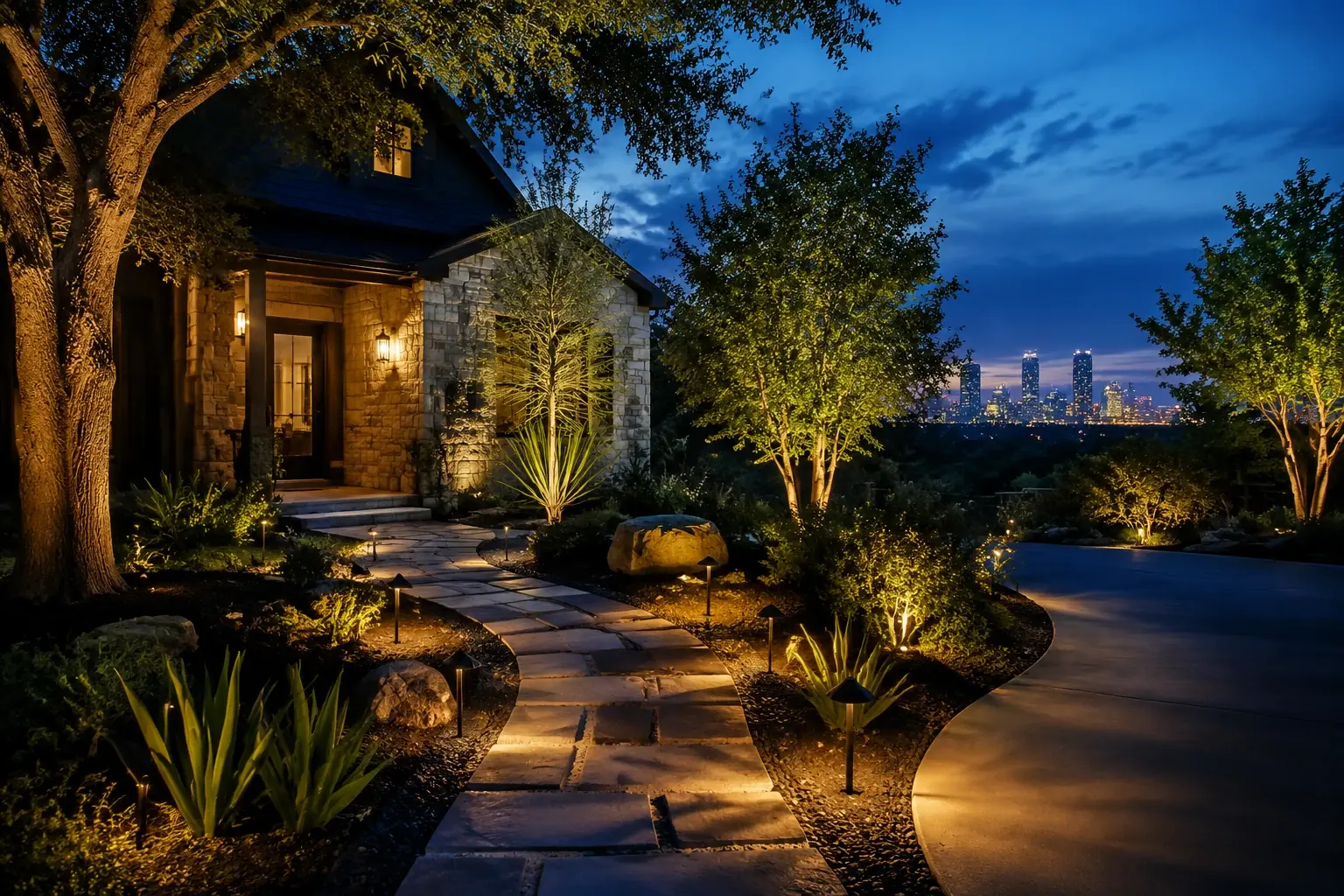 LED landscape lighting retrofit on an Austin home with brass fixtures
