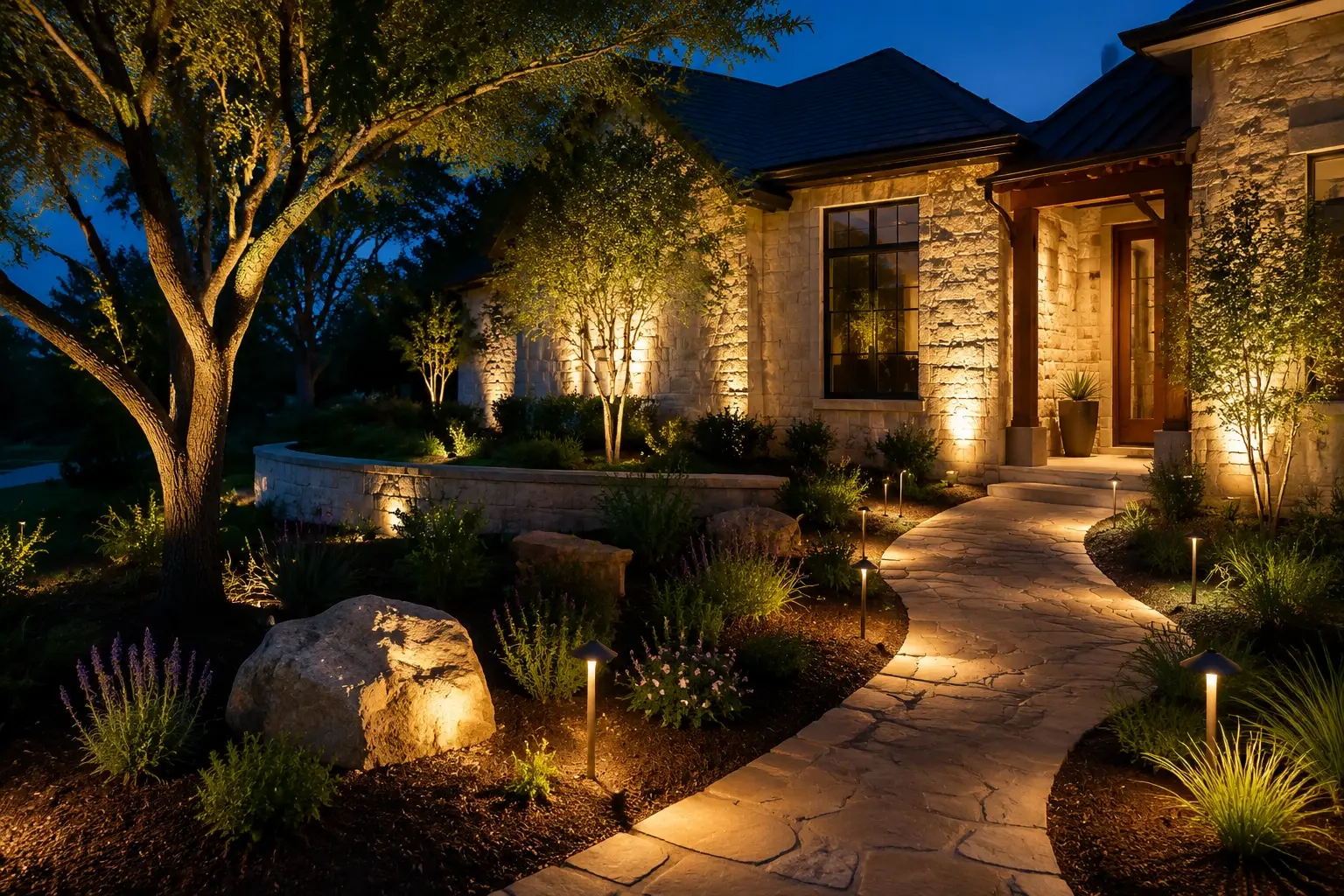 Low-voltage landscape lighting transformer and brass fixtures installed at an Austin home
