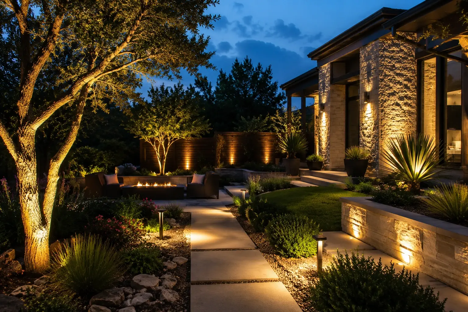 Smartphone controlling smart landscape lighting zones at a modern Austin home