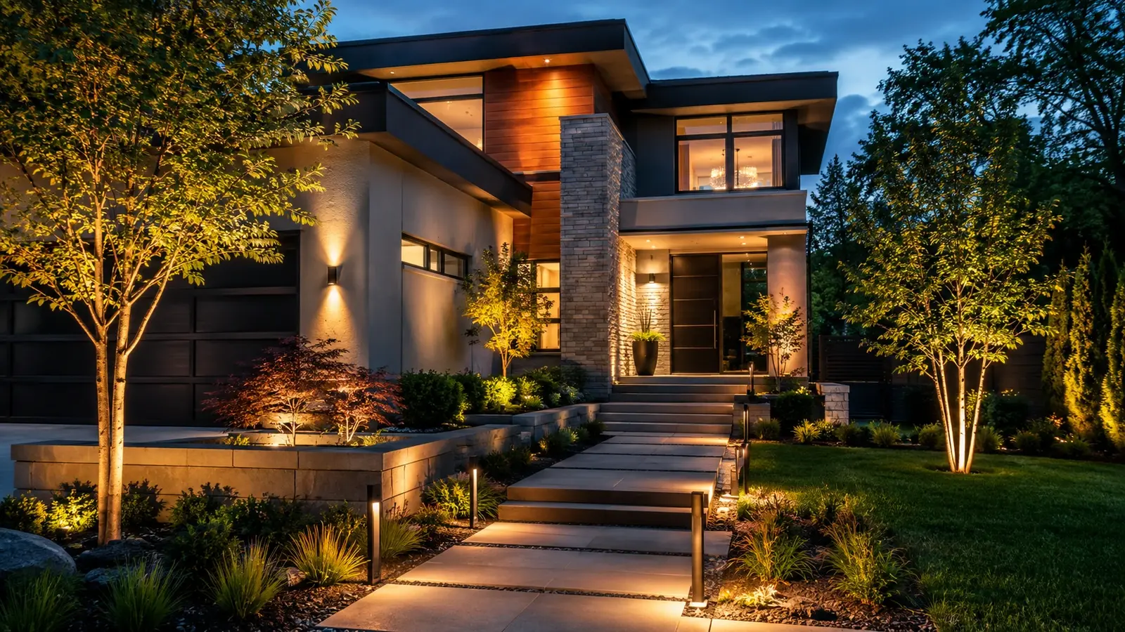 Modern Austin home with grazed stucco walls and hidden landscape lighting