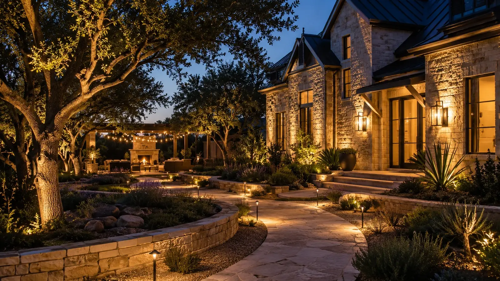 Austin backyard at night with uplit trees, lit patio, glowing pool, and warm path lights