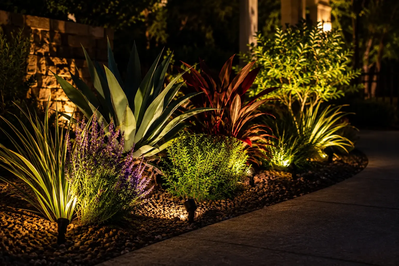 Grazed limestone facade with column uplights framing the front door of an Austin home at night